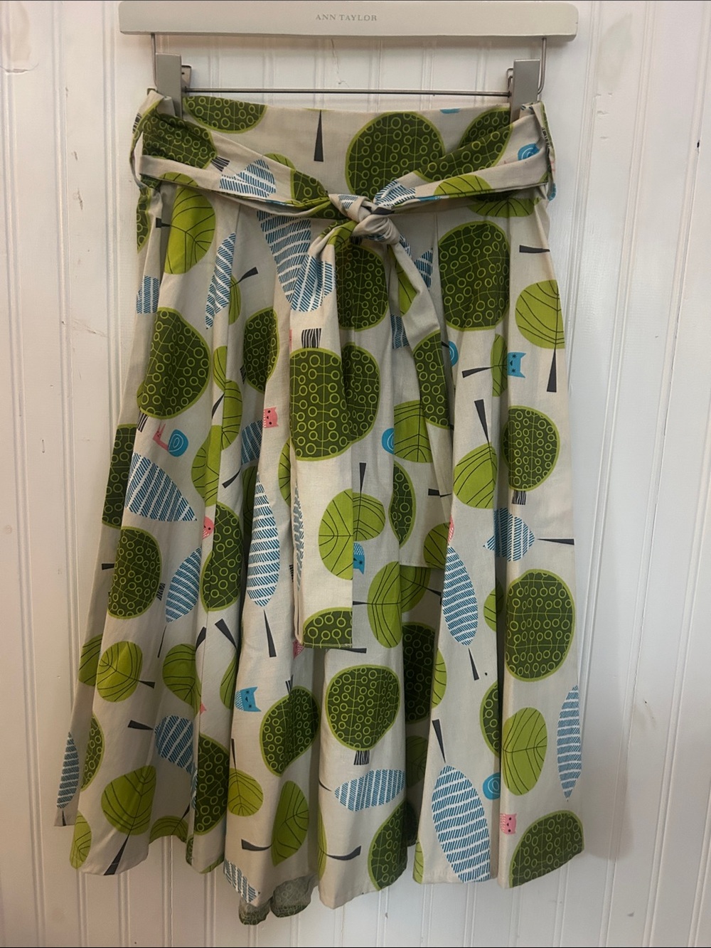 Shabby Apple Cream Circle Skirt with Green and Blue Tree Print with Owls, Size 8